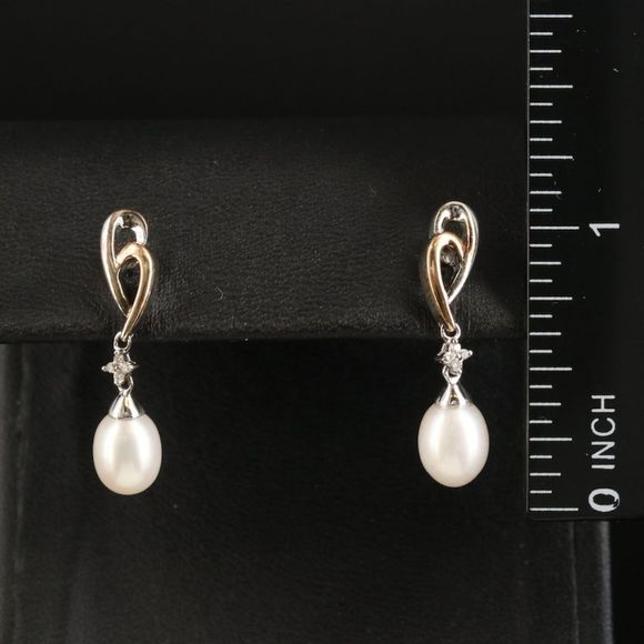 Genuine Pearl & Diamond Earrings 14k Rose Gold Accent 925 Sterling Silver - Picture 2 of 5